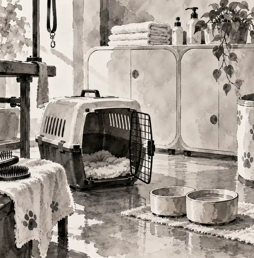 Illustration of pet care businesses equipment and workspace